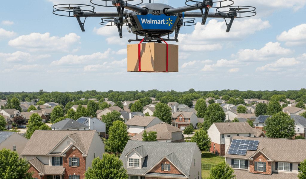 Walmart delivery drone flying over suburban neighborhood