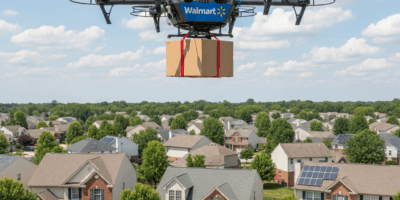 Walmart delivery drone flying over suburban neighborhood