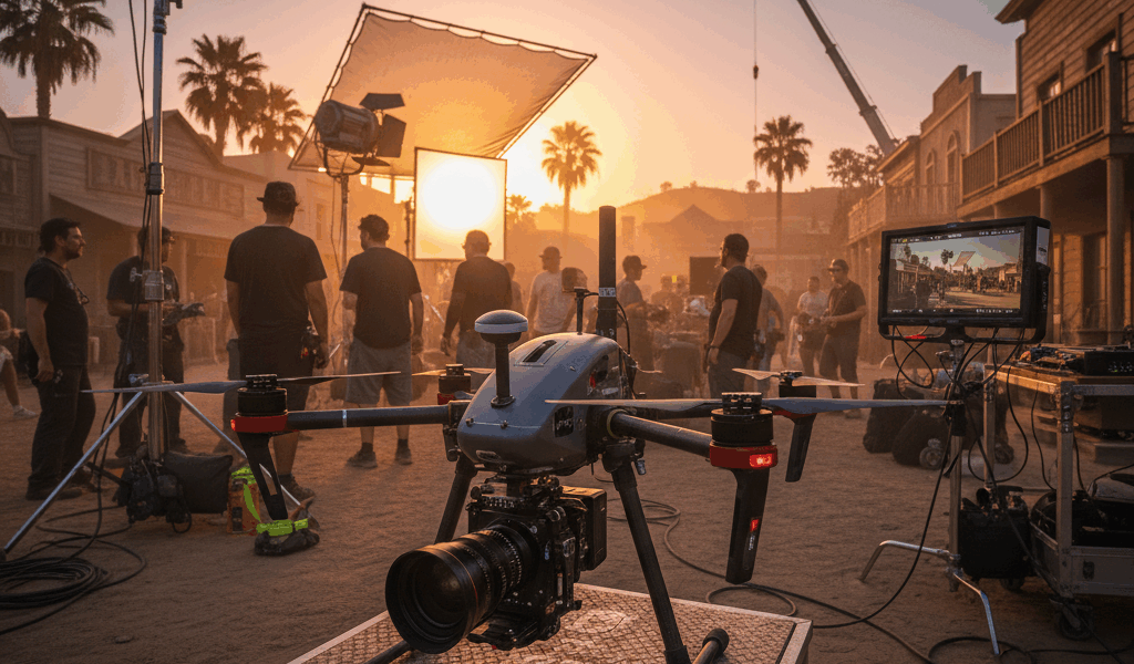 Professional drone cinematography on a Hollywood film set