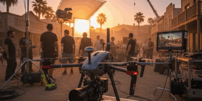 Professional drone cinematography on a Hollywood film set