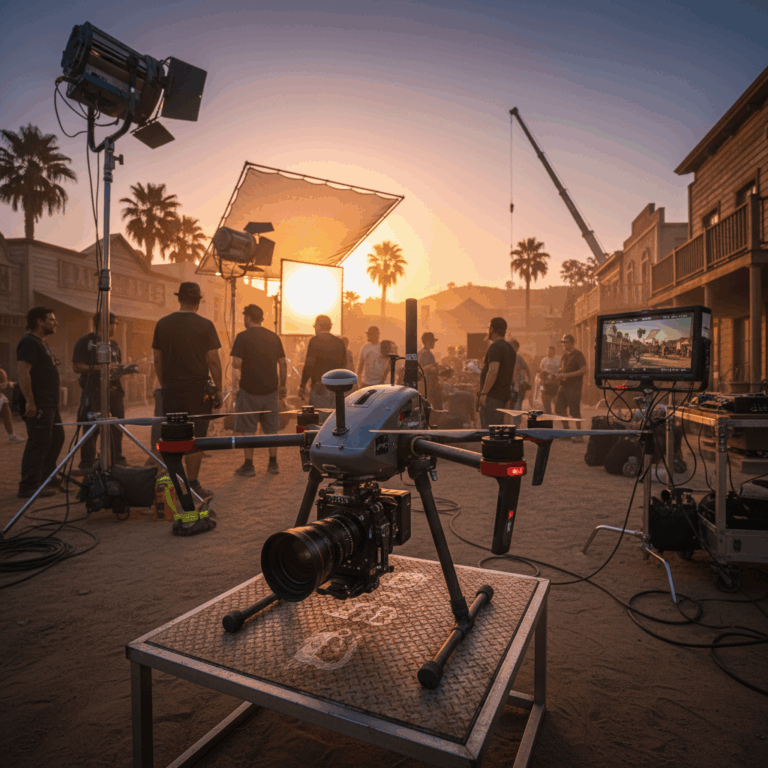 Professional drone cinematography on a Hollywood film set